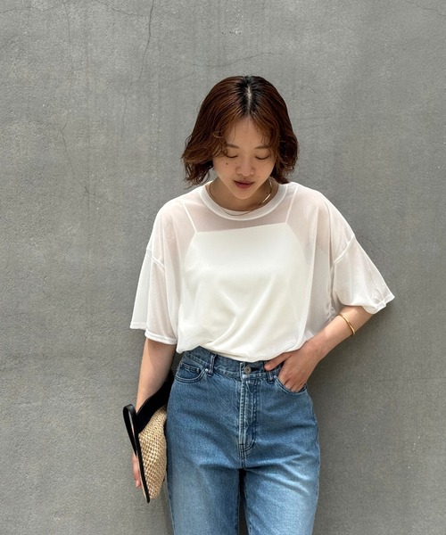 qualite scape（カリテ スケープ）の「【インナーキャミソール付き】シアードルマンTシャツ/涼しげシアーTシャツ/着回し/5分袖/大人シアーTシャツ（Tシャツ/カットソー・レディース・ブラック/ホワイト・フリー）」の7枚目の写真