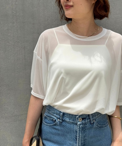 qualite scape（カリテ スケープ）の「【インナーキャミソール付き】シアードルマンTシャツ/涼しげシアーTシャツ/着回し/5分袖/大人シアーTシャツ（Tシャツ/カットソー・レディース・ブラック/ホワイト・フリー）」の9枚目の写真