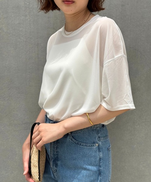 qualite scape（カリテ スケープ）の「【インナーキャミソール付き】シアードルマンTシャツ/涼しげシアーTシャツ/着回し/5分袖/大人シアーTシャツ（Tシャツ/カットソー・レディース・ブラック/ホワイト・フリー）」の8枚目の写真