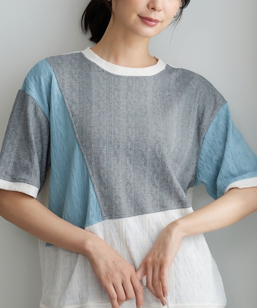 BELLUNA PLUS(ベルーナ)の「ミニケーブル柄パッチワーク風プルオーバー(Tシャツ/カットソー・レディース・ブラウン/ワイン/グレー・X-LARGE/LARGE/MEDIUM)」の2枚目の写真
