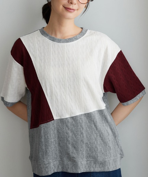 BELLUNA PLUS(ベルーナ)の「ミニケーブル柄パッチワーク風プルオーバー(Tシャツ/カットソー・レディース・ブラウン/ワイン/グレー・X-LARGE/LARGE/MEDIUM)」の15枚目の写真