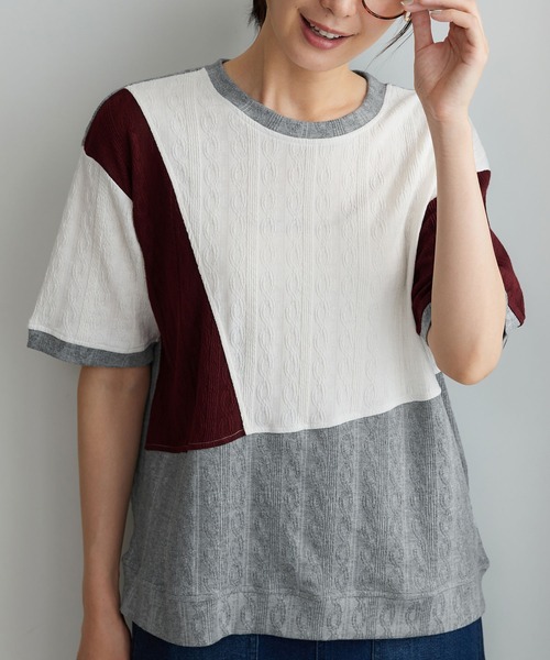 BELLUNA PLUS(ベルーナ)の「ミニケーブル柄パッチワーク風プルオーバー(Tシャツ/カットソー・レディース・ブラウン/ワイン/グレー・X-LARGE/LARGE/MEDIUM)」の16枚目の写真