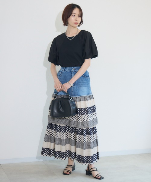 Paradise Picnic(パラダイスピクニック)の「doll up oops デニム柄ティアードスカート(デニムスカート・レディース・アイボリー/ネイビー・FREE)」の6枚目の写真