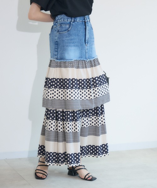 Paradise Picnic(パラダイスピクニック)の「doll up oops デニム柄ティアードスカート(デニムスカート・レディース・アイボリー/ネイビー・FREE)」の8枚目の写真