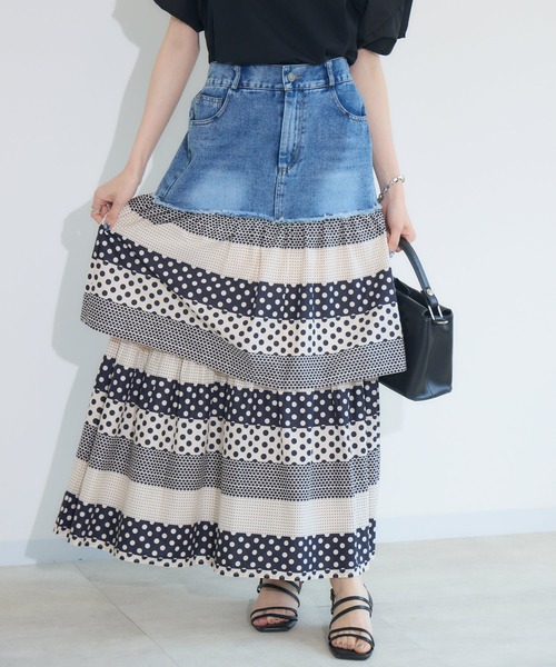 Paradise Picnic(パラダイスピクニック)の「doll up oops デニム柄ティアードスカート(デニムスカート・レディース・アイボリー/ネイビー・FREE)」の9枚目の写真