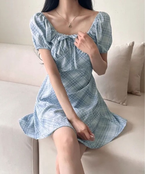 Bubbles チェック柄 パフスリーブ ミニワンピース セール】チェック柄 パフスリーブ ミニワンピース（ワンピース
