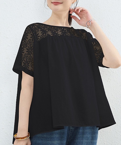 Coo+i(クーイ)の「コットン100%レース切り替え半袖チュニックブラウス(シャツ/ブラウス・レディース・ブラック/ホワイト・FREE)」の12枚目の写真