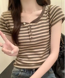 【 ammy. / エイミードット 】 レトロ ボーダー ヘンリーネック 半袖 Tシャツ