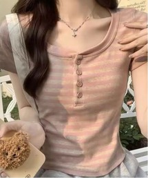 【 ammy. / エイミードット 】 レトロ ボーダー ヘンリーネック 半袖 Tシャツ