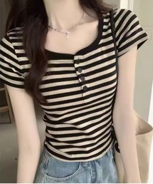 【 ammy. / エイミードット 】 レトロ ボーダー ヘンリーネック 半袖 Tシャツ