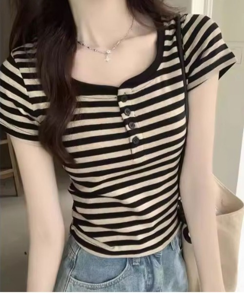 ammy.(エイミードット)の「【 ammy. / エイミードット 】 レトロ ボーダー ヘンリーネック 半袖 Tシャツ(Tシャツ/カットソー・レディース・ブラウン/ピンク/ブラック・FREE)」の2枚目の写真