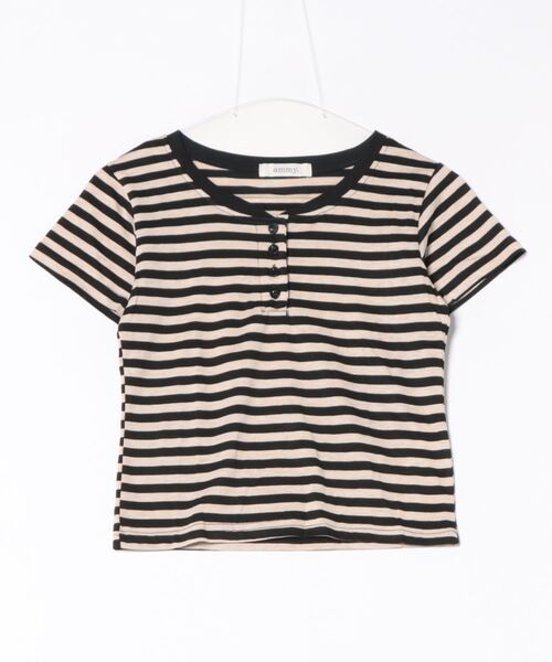 ammy.(エイミードット)の「【 ammy. / エイミードット 】 レトロ ボーダー ヘンリーネック 半袖 Tシャツ(Tシャツ/カットソー・レディース・ブラウン/ピンク/ブラック・FREE)」の6枚目の写真