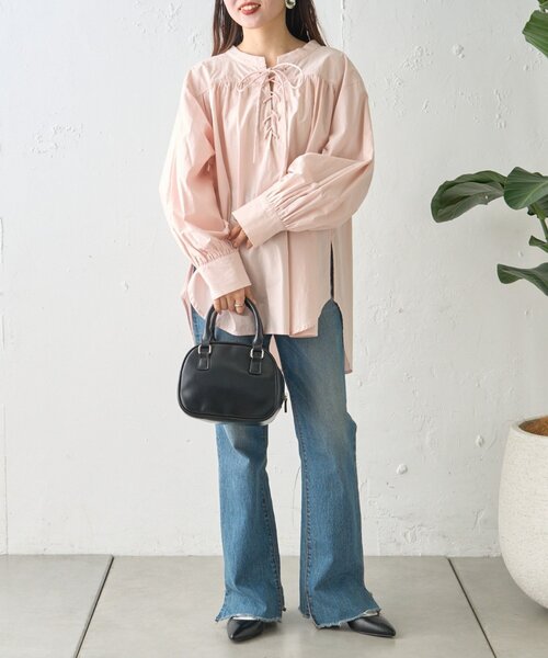 CIAOPANIC TYPY（チャオパニックティピー）の「【WEB限定】レースアップチュニック丈ギャザーブラウス（シャツ/ブラウス・レディース・ピンク/サックスブルー/ブラック/オフホワイト・ONE SIZE）」の9枚目の写真