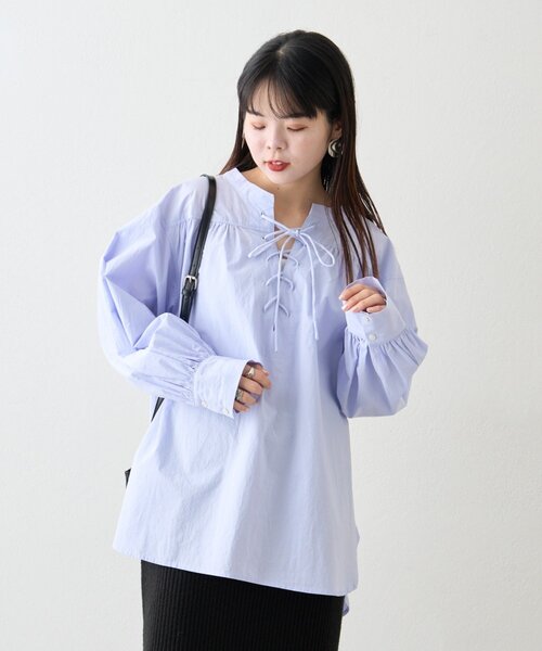 CIAOPANIC TYPY（チャオパニックティピー）の「【WEB限定】レースアップチュニック丈ギャザーブラウス（シャツ/ブラウス・レディース・ピンク/サックスブルー/ブラック/オフホワイト・ONE SIZE）」の14枚目の写真
