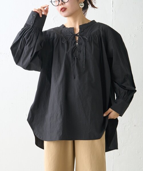 CIAOPANIC TYPY（チャオパニックティピー）の「【WEB限定】レースアップチュニック丈ギャザーブラウス（シャツ/ブラウス・レディース・ピンク/サックスブルー/ブラック/オフホワイト・ONE SIZE）」の21枚目の写真