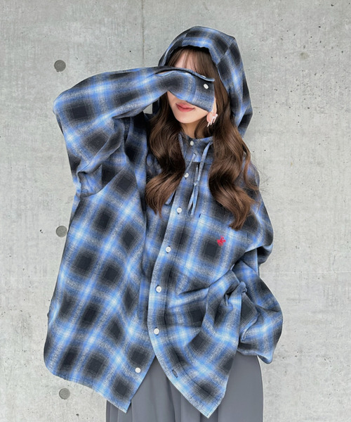 BEVERLY HILLS POLO CLUB（ビバリーヒルズポロクラブ）の「【BEVERLY HILLS POLO CLUB】ネルチェック シャツ パーカー（シャツ/ブラウス・レディース・グレー/ブルー・FREE）」の7枚目の写真