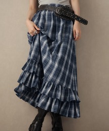 裾ティアードフリルチェックロングスカート