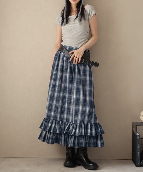 Ulysses(ユリシス)の「裾ティアードフリルチェックロングスカート(スカート・レディース・ネイビー・S/M)」の8枚目の写真