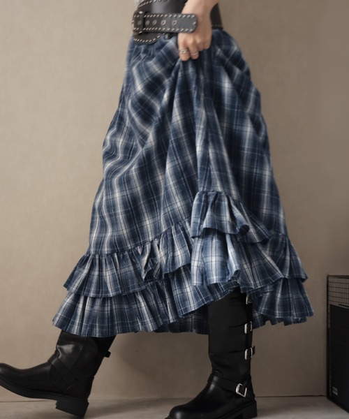 Ulysses(ユリシス)の「裾ティアードフリルチェックロングスカート(スカート・レディース・ネイビー・S/M)」の16枚目の写真
