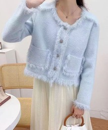 ノーカラージャケット（ブルー・ネイビー/青色系・フリンジ