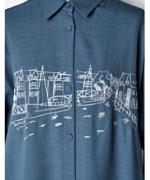 RUMCHE（ラムシェ）の「Landscape Embroidery Dress / ランドスケープエンブロイダリードレス（シャツワンピース・レディース・ブラック/オフホワイト/ブルー・FREE）」の18枚目の写真