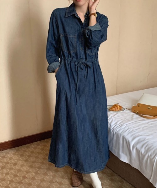 デニム長袖ワンピース