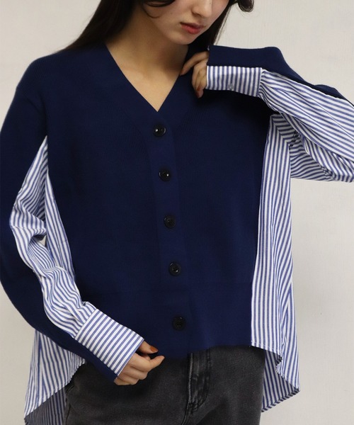 WESTSEA(ウエストシー)の「ニット × ストライプシャツ ドッキングカーディガン(カーディガン/ボレロ・レディース・ネイビー/グレー・FREE)」の2枚目の写真