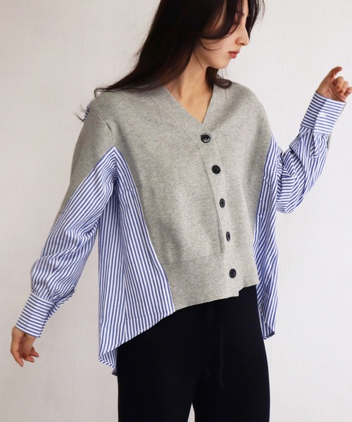 WESTSEA(ウエストシー)の「ニット × ストライプシャツ ドッキングカーディガン(カーディガン/ボレロ・レディース・ネイビー/グレー・FREE)」の1枚目の写真