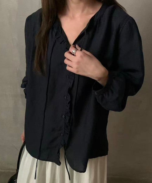 Lace Ladies(レースレディース)の「バンドカラー フリル リボン 長袖 ブラウス(シャツ/ブラウス・レディース・ブラック/ホワイト・FREE)」の2枚目の写真