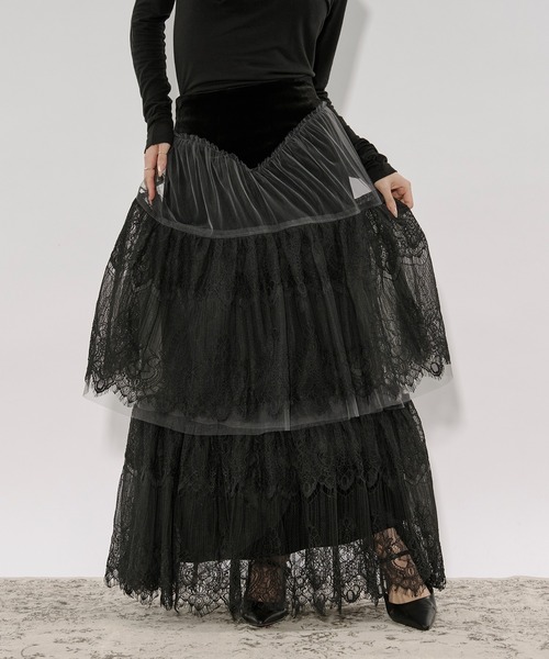 スカート lace velour maxi skirt セール】lace tiered velour skirt レースベロアスカート（スカート