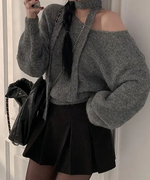GLAMOROUS JANE(グラマラスジェーン)の「チョーカーリボン付Vネックショート丈ニットトップス(ニット/セーター・レディース・グレー/ホワイト/ブラック・FREE)」の14枚目の写真