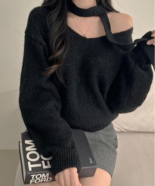 GLAMOROUS JANE(グラマラスジェーン)の「チョーカーリボン付Vネックショート丈ニットトップス(ニット/セーター・レディース・グレー/ホワイト/ブラック・FREE)」の9枚目の写真