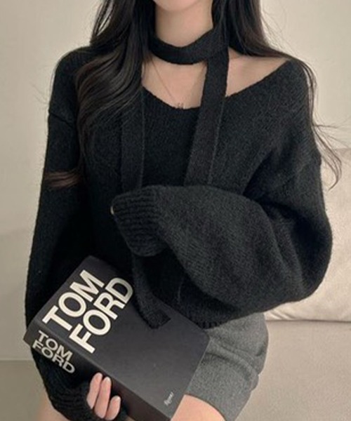 GLAMOROUS JANE(グラマラスジェーン)の「チョーカーリボン付Vネックショート丈ニットトップス(ニット/セーター・レディース・グレー/ホワイト/ブラック・FREE)」の10枚目の写真