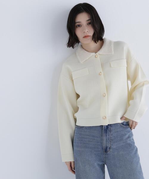 NATURAL BEAUTY BASIC（ナチュラルビューティーベーシック）の「◇ループカラーニットジャケット（カーディガン/ボレロ・レディース・オフホワイト/ブラック/ダークブルー・FREE）」の5枚目の写真