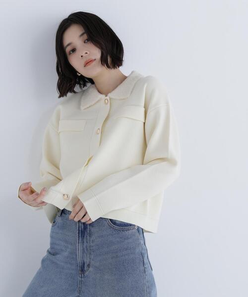 NATURAL BEAUTY BASIC（ナチュラルビューティーベーシック）の「◇ループカラーニットジャケット（カーディガン/ボレロ・レディース・オフホワイト/ブラック/ダークブルー・FREE）」の7枚目の写真