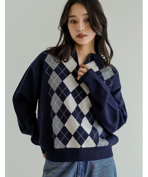 セール】アーガイル柄ハーフジップニットトップス（ニット/セーター