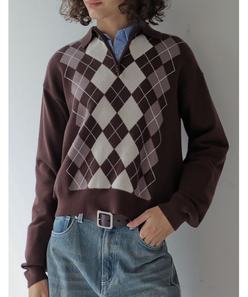 セール】アーガイル柄ハーフジップニットトップス（ニット/セーター