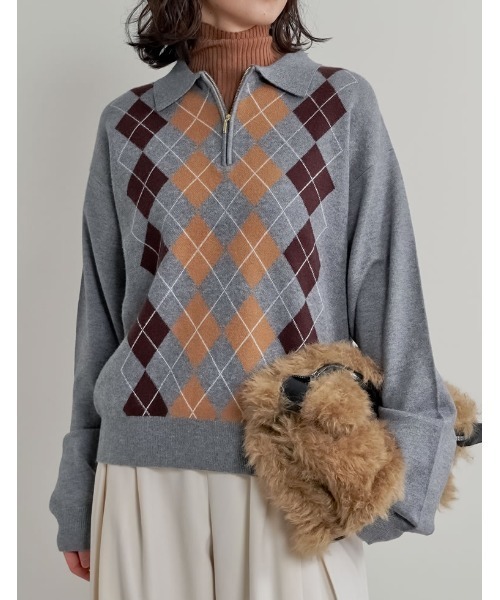 アーガイル柄ハーフジップニットトップス（ニット/セーター）｜Re:EDIT