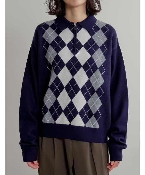 セール】アーガイル柄ハーフジップニットトップス（ニット/セーター