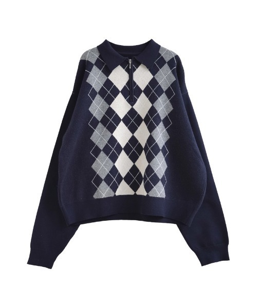 セール】アーガイル柄ハーフジップニットトップス（ニット/セーター