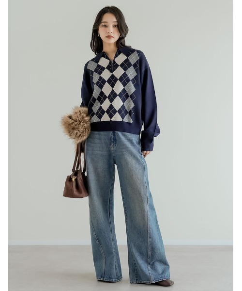 セール】アーガイル柄ハーフジップニットトップス（ニット/セーター