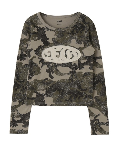 X-girl(エックスガール)の「OVAL LOGO PATCH L/S COMPACT TOP(Tシャツ/カットソー・レディース・ホワイト/カモフラージュ/チャコール・S/M)」の3枚目の写真