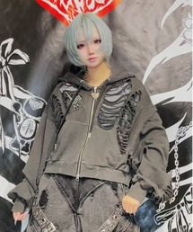 DESTROY HOODIE-VEIN-S(デストロイフーディー ヴェイン-エス) スケルトンダメージ ジップアップ クラッシュパーカー