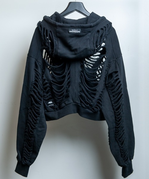 BACKSTAGE PASS(バックステージパス)の「DESTROY HOODIE-VEIN-S(デストロイフーディー ヴェイン-エス) スケルトンダメージ ジップアップ クラッシュパーカー(パーカー・メンズ・ダークグレー/ブラック/ブラックミックス・FREE)」の6枚目の写真