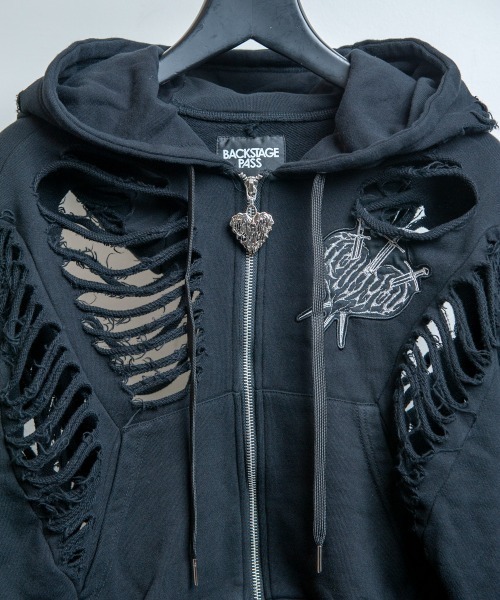 BACKSTAGE PASS(バックステージパス)の「DESTROY HOODIE-VEIN-S(デストロイフーディー ヴェイン-エス) スケルトンダメージ ジップアップ クラッシュパーカー(パーカー・メンズ・ダークグレー/ブラック/ブラックミックス・FREE)」の7枚目の写真