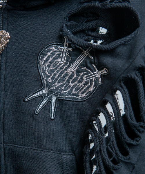 BACKSTAGE PASS(バックステージパス)の「DESTROY HOODIE-VEIN-S(デストロイフーディー ヴェイン-エス) スケルトンダメージ ジップアップ クラッシュパーカー(パーカー・メンズ・ダークグレー/ブラック/ブラックミックス・FREE)」の8枚目の写真