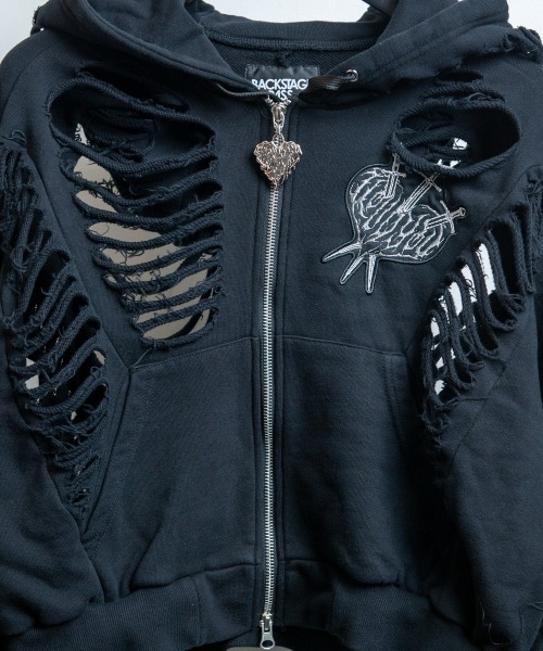 BACKSTAGE PASS(バックステージパス)の「DESTROY HOODIE-VEIN-S(デストロイフーディー ヴェイン-エス) スケルトンダメージ ジップアップ クラッシュパーカー(パーカー・メンズ・ダークグレー/ブラック/ブラックミックス・FREE)」の9枚目の写真