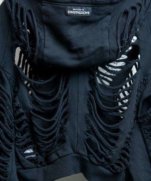 BACKSTAGE PASS(バックステージパス)の「DESTROY HOODIE-VEIN-S(デストロイフーディー ヴェイン-エス) スケルトンダメージ ジップアップ クラッシュパーカー(パーカー・メンズ・ダークグレー/ブラック/ブラックミックス・FREE)」の11枚目の写真