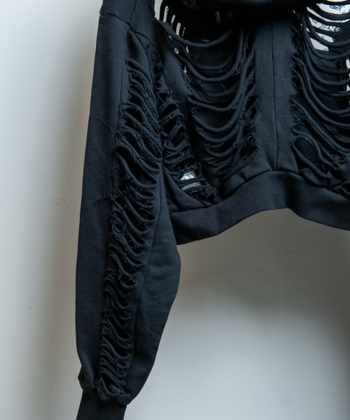 BACKSTAGE PASS(バックステージパス)の「DESTROY HOODIE-VEIN-S(デストロイフーディー ヴェイン-エス) スケルトンダメージ ジップアップ クラッシュパーカー(パーカー・メンズ・ダークグレー/ブラック/ブラックミックス・FREE)」の12枚目の写真