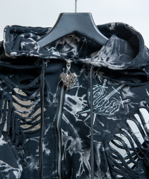 BACKSTAGE PASS(バックステージパス)の「DESTROY HOODIE-VEIN-S(デストロイフーディー ヴェイン-エス) スケルトンダメージ ジップアップ クラッシュパーカー(パーカー・メンズ・ダークグレー/ブラック/ブラックミックス・FREE)」の16枚目の写真